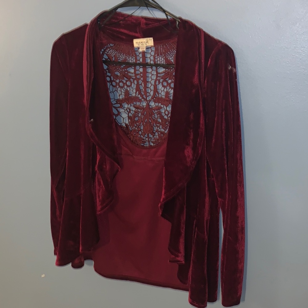 Velvet burgundy cardigan. Vintage. One World. Size Small